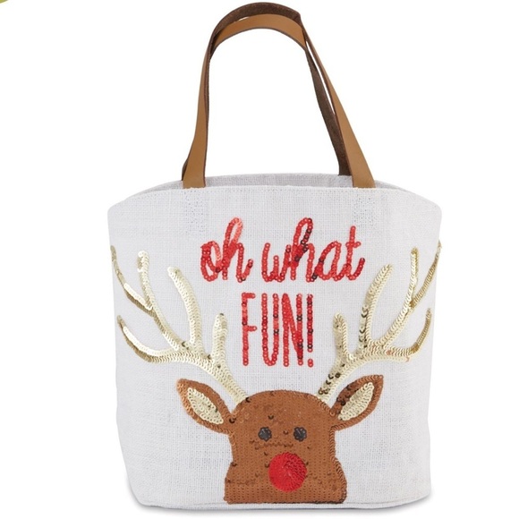 Mud Pie Other - Holiday Sequin Reindeer Tote Bag — “Oh What Fun!” | Christmas Gift Bag | Burlap